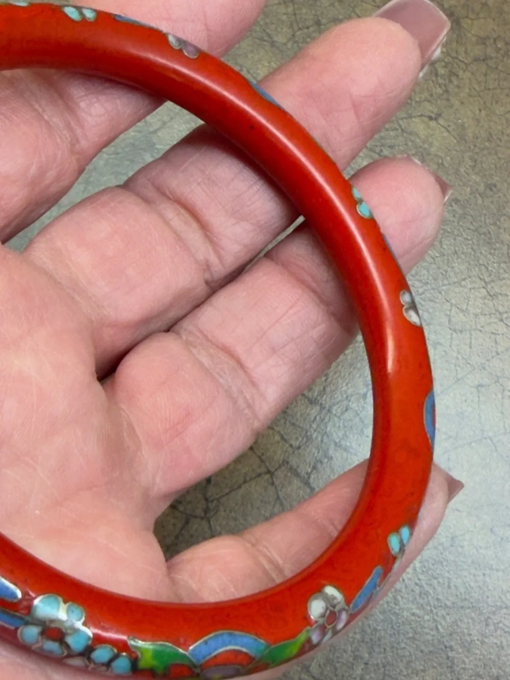 Red Floral Cloisonné Bangle Bracelet